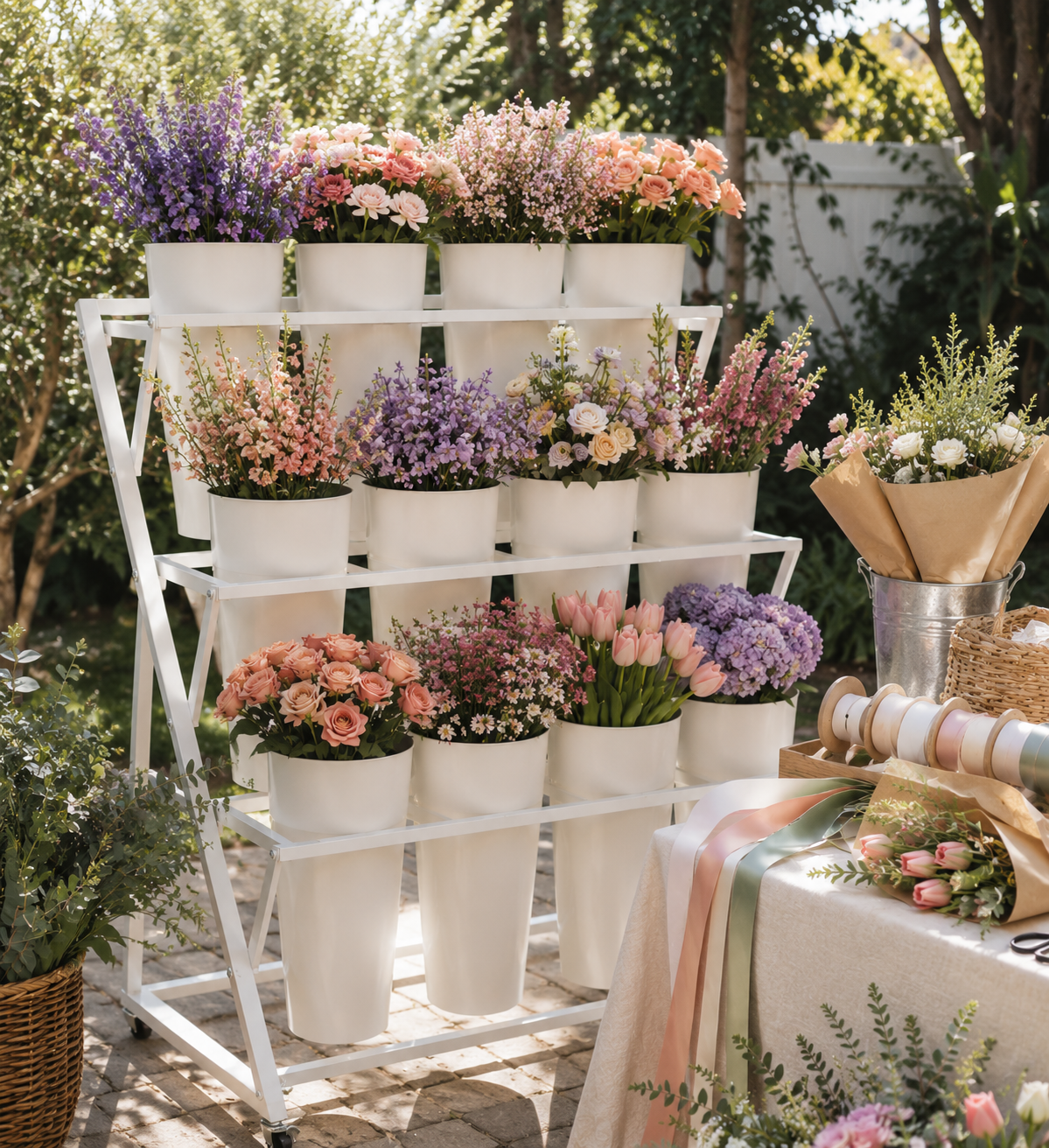 DIY flower bar rental equipment styled with customer-supplied flowers at a South Orange County event
